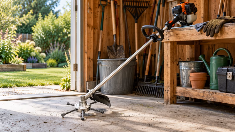Tête de débroussailleuse robuste multi-lames en acier posée sur un établi en bois